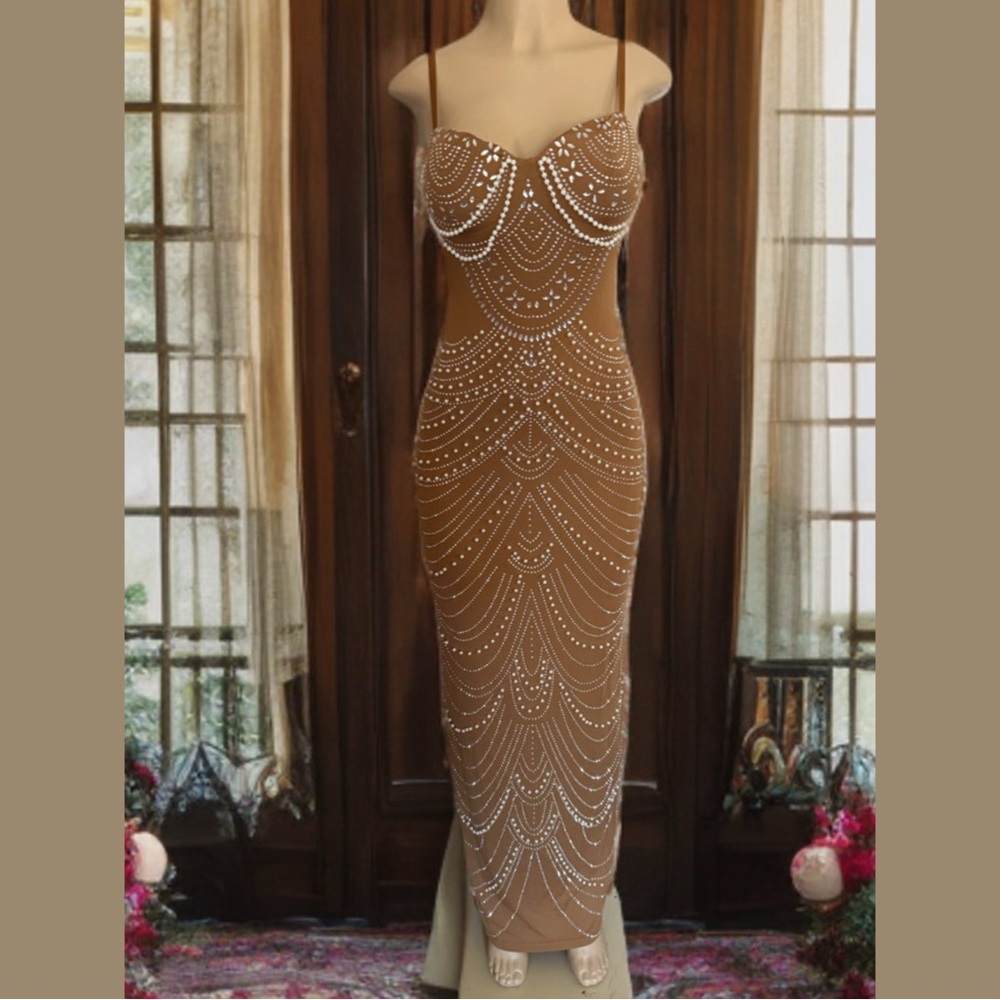 Elegant Beaded Bodycon Dress in Camel Brown
